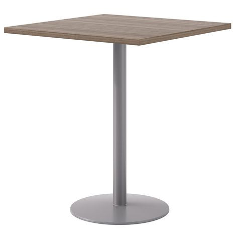 KFI Studios Pedestal Bistro Table With Four White Jive Series Barstools Square 36x36x41 Studio Teak