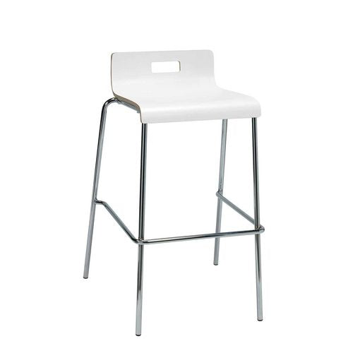 KFI Studios Pedestal Bistro Table With Four White Jive Series Barstools Square 36x36x41 Studio Teak