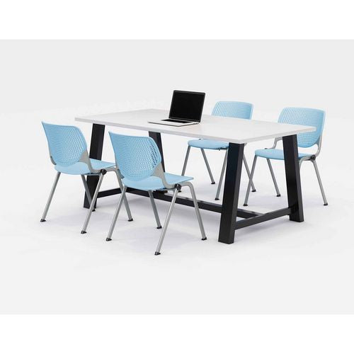 KFI Studios Midtown Dining Table With Four Sky Blue Kool Series Chairs 36x72x30 Designer White