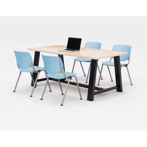 KFI Studios Midtown Dining Table With Four Sky Blue Kool Series Chairs 36x72x30 Kensington Maple