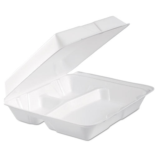 Foam Hinged Lid Container, 3-Compartment, 9.3 x 9.5 x 3, White, 100/Bag, 2 Bag/Carton Foam Hinged Lid Container, 3-Compartment, 9.3 x 9.5 x 3, White, 100/Bag, 2 Bag/Carton