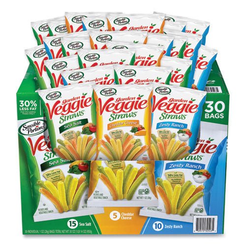 Veggie Straws, Cheddar Cheese/Sea Salt/Zesty Ranch, 1 oz Bag, 30 Bags/Carton, Ships in 1-3 Business Days Veggie Straws, Cheddar Cheese/Sea Salt/Zesty Ranch, 1 oz Bag, 30 Bags/Carton, Ships in 1-3 Business Days