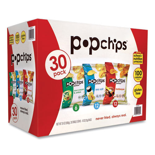 Potato Chips, Variety Pack, Sea Salt; Sour Cream and Onion, Barbeque, 0.8 oz Pouch, 30/Carton Potato Chips, Variety Pack, Sea Salt; Sour Cream and Onion, Barbeque, 0.8 oz Pouch, 30/Carton