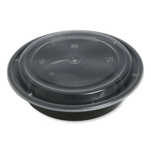 Microwavable Food Container with Lid, Round, 24 oz, 7.28 x 7.28 x 1.96, Black/Clear, Plastic, 150/Carton Microwavable Food Container with Lid, Round, 24 oz, 7.28 x 7.28 x 1.96, Black/Clear, Plastic, 150/Carton