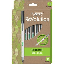 BIC ReVolution Round Stic Ballpoint Pen - Medium Pen Point - 1 mm Pen Point Size - Black - Semi-transparent Barrel - 10 / Dozen