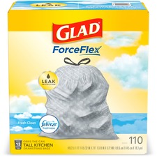 Glad ForceFlex Tall Kitchen Drawstring Trash Bags - Febreze Freshness - 13 gal Capacity - 23.75" Width x 25.38" Length - 0.72 mil (18 Micron) Thickness - White - 1/Box - 110 Per Box - Home, Office