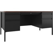 Lorell Fortress Series Walnut Top Teacher's Desk - 60" x 30" x 29.5" - Box, File Drawer(s) - Double Pedestal - T-mold Edge - Finish: Black Walnut