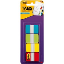 Post-it® Tabs in On-the-Go Dispenser - 88 Write-on Tab(s) - 1.50" Tab Height x 1" Tab Width - Blue, Green, Yellow, Red Tab(s) - 88 / Pack