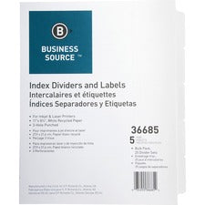 Business Source Punched Laser Index Dividers - 5 Blank Tab(s) - 8.5" Divider Width x 11" Divider Length - Letter - 3 Hole Punched - White Paper Divider - White Tab(s) - 25 / Box