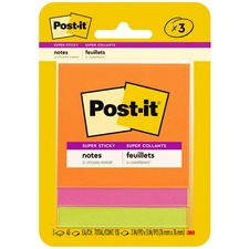 Post-it® Super Sticky Note Pads - Energy Boost Color Collection - 135 - 3" x 3" - Square - 45 Sheets per Pad - Unruled - Vital Orange, Tropical Pink, Limeade - Paper - Self-adhesive - 3 / Pack
