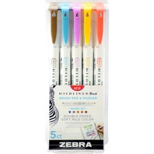 Zebra Pen Mildliner Brush Double-ended Creative Marker Warm Color Pack - Fine Marker Point - Brush Marker Point Style - Gold Pigment-based, Magenta, Brown, Vermillion, Smoke Blue Ink - 5 / Pack