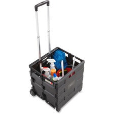 Safco Stow Away Folding Caddy - Telescopic Handle - 50 lb Capacity - 2 Casters - x 16.5" Width x 14.5" Depth x 39" Height - Black, Silver - 1 Each