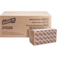 Genuine Joe Single-Fold Value Paper Towels - 1 Ply - 10.25" x 9.10" - Natural - Recyclable, Singlefold, Embossed - For Washroom, Restroom, Public Facilities, Industry, Education - 250 Per Pack - 16 / Carton