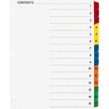 Business Source Table of Content Quick Index Dividers - Printed Tab(s) - Digit - 1-15 - 15 Tab(s)/Set - 8.5" Divider Width x 11" Divider Length - 3 Hole Punched - Multicolor Divider - Multicolor Mylar Tab(s) - 15 / Set