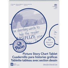 Pacon Ruled Picture Story Chart Tablet - 25 Sheets - Spiral Bound - Both Side Ruling Surface - Ruled - 1.50" Ruled - 13.63" Picture Story Space - 24" x 32" - White Paper - Punched - 1 Each