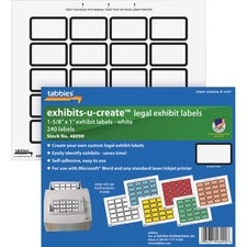 Tabbies Legal Exhibits-U-Create 1" Labels - 1 5/8" x 1" Length - Laser - White - 20 / Sheet - 240 / Pack