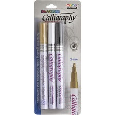 Marvy DecoColor Calligraphy Paint Markers - 2 mm Marker Point Size - Chisel Marker Point Style - Gold, Black, White Oil Based, Pigment-based Ink - 3 / Set