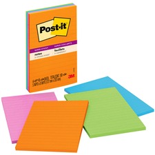 Post-it® Super Sticky Notes - Energy Boost Color Collection - 180 - 4" x 6" - Rectangle - 45 Sheets per Pad - Ruled - Vital Orange, Tropical Pink, Blue Paradise, Limeade - Paper - Self-adhesive, Repositionable - 4 / Pack