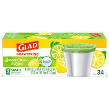 Glad Small Kitchen Drawstring Trash Bags - Febreze Sweet Citron & Lime - 4 gal Capacity - Green - 34/Box - Home Office, Bathroom, Kitchen, Laundry