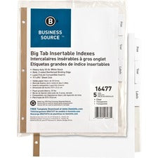 Business Source Tear-resistant Clear Tab Index Dividers - 5 x Divider(s) - 5 Tab(s)/Set - 8.5" Divider Width x 11" Divider Length - Letter - White Divider - Clear Tab(s) - 5 / Set