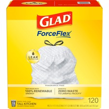 Glad ForceFlex Tall Kitchen Drawstring Trash Bags - 13 gal Capacity - 9 mil (229 Micron) Thickness - White - Plastic - 120/Box - Home, Day Care, Breakroom, Garbage, Kitchen