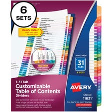 Avery® Ready Index 31 Tab Dividers, Customizable TOC, 6 Sets - 186 x Divider(s) - 1-31, Table of Contents - 31 Tab(s)/Set - 8.5" Divider Width x 11" Divider Length - 3 Hole Punched - White Paper Divider - Multicolor Paper Tab(s) - 6 / Pack