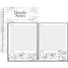 House of Doolittle Doodle Notes Spiral Notebook - 111 Pages - Spiral Bound - 7" x 9" - Black & White Flower Cover - Hard Cover - Recycled - 1 Each
