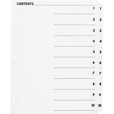 Business Source Table of Content Quick Index Dividers - Printed Tab(s) - Digit - 1-10 - 10 Tab(s)/Set - 8.5" Divider Width x 11" Divider Length - 3 Hole Punched - White Divider - White Mylar Tab(s) - 10 / Set