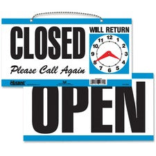 Headline Signs OPEN/CLOSED 2-sided Sign - 1 Each - Open/Closed/Please Call Again/Will Return Print/Message - 11.5" Width - Rectangular Shape - Customizable Time - Plastic - White, Blue