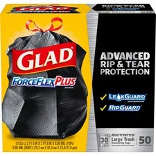 Glad ForceFlexPlus Drawstring Large Trash Bags - Large Size - 30 gal Capacity - 30" Width x 32.01" Length - 0.90 mil (23 Micron) Thickness - Black - 26/Bundle - 50 Per Box - Garbage, Indoor, Outdoor, Home, Office, Restaurant, Commercial