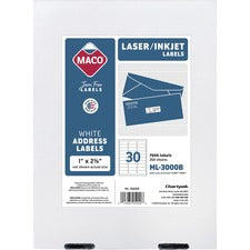 MACO White Laser/Ink Jet Address Label - 1" x 2 5/8" Length - Permanent Adhesive - Rectangle - Laser, Inkjet - White - 30 / Sheet - 7500 / Box - Lignin-free