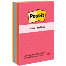 Post-it® Notes Original Notepads - Poptimistic Color Collection - 4" x 6" - Rectangle - 100 Sheets per Pad - Ruled - Power Pink, Neon Green, Aqua, Neon Orange, Guava Pink - Self-adhesive, Self-stick - 5 / Pack