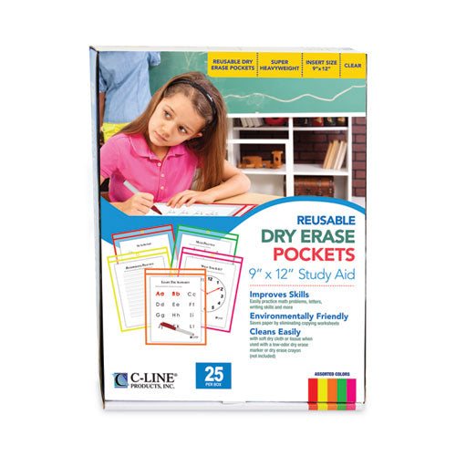 Reusable Dry Erase Pockets, 9 X 12, Assorted Neon Colors, 25/box