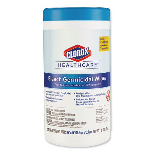 Bleach Germicidal Wipes, 1-ply, 6 X 5, Unscented, White, 150/canister, 6 Canisters/carton