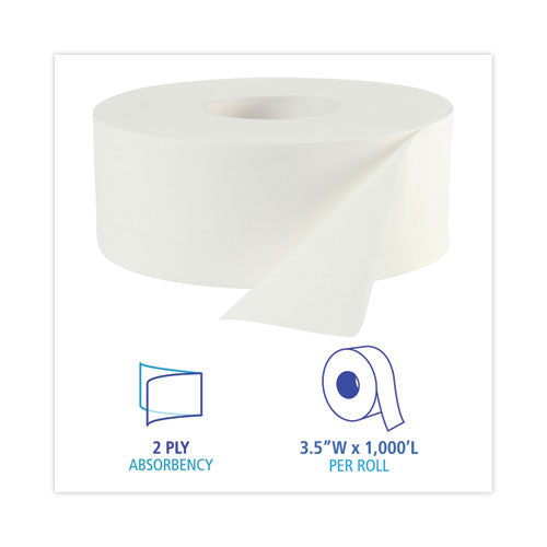 Jrt Bath Tissue, Jumbo, Septic Safe, 2-ply, White, 3.5" X 1,000 Ft, 12 Rolls/carton
