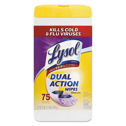 Dual Action Disinfecting Wipes, 1-ply, 7 X 7.5, Citrus, White/purple, 75/canister, 6 Canisters/carton