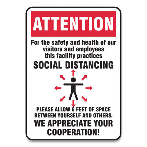 Social Distance Signs, Wall, 10 X 14, Visitors And Employees Distancing, Humans/arrows, Red/white, 10/pack