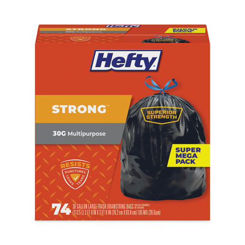 Hefty Strong Multipurpose Drawstring Trash Bags 30 Gal 1.1 Mil 30"x33" Black 74/box 3 Boxes/Case