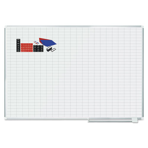 Gridded Magnetic Steel Dry Erase Planning Board With Accesssories, 1 X 2 Grid, 72 X 48, White Surface, Silver Aluminum Frame