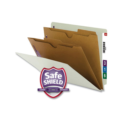 X-heavy End Tab Pressboard Classification Folders, Six Safeshield Fasteners, 2 Dividers, Letter Size, Gray-green, 10/box