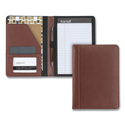 Contrast Stitch Leather Padfolio, 6.25w X 8.75h, Open Style, Brown