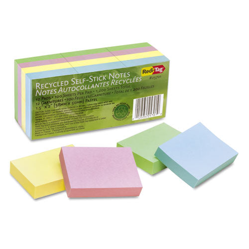 100% Recycled Self-stick Notes, 1.5" X 2", Assorted Pastel Colors, 100 Sheets/pad, 12 Pads/pack