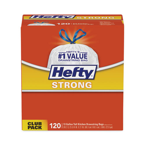 Hefty Strong Tall Kitchen Drawstring Bags 13 Gal 0.9 Mil 23.75"x27" White 90 Bags/box 3 Boxes/Case