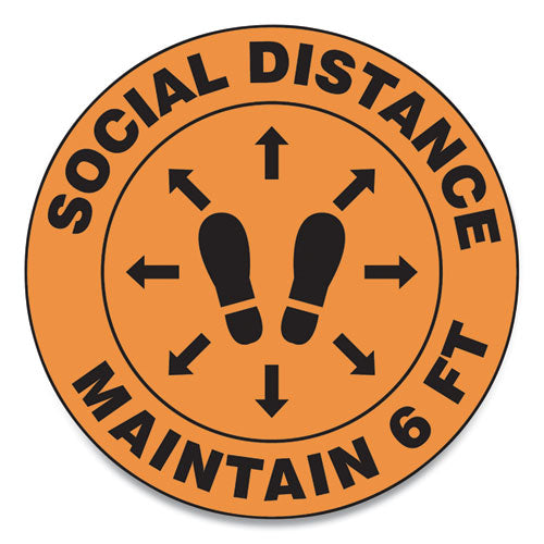 Slip-gard Social Distance Floor Signs, 12" Circle, "social Distance Maintain 6 Ft", Footprint, Orange, 25/pack