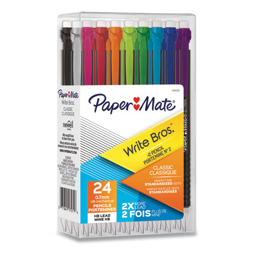 Write Bros Mechanical Pencil, 0.7 Mm, Hb (#2), Black Lead, Black Barrel With Assorted Clip Colors, 24/pack