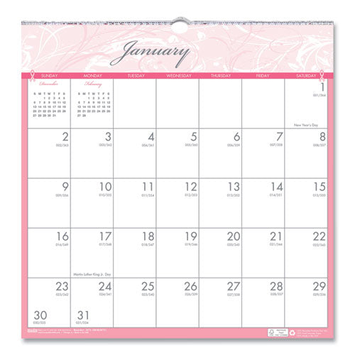 Recycled Monthly Wall Calendar, Breast Cancer Awareness Artwork, 12 X 12, White/pink/gray Sheets, 12-month (jan-dec): 2023