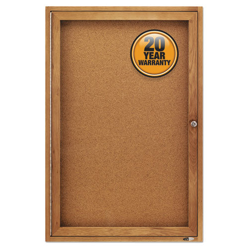 Enclosed Indoor Cork Bulletin Board With One Hinged Door, 24 X 36, Natural Surface, Oak Fiberboard Frame
