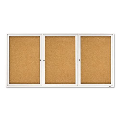 Enclosed Indoor Cork Bulletin Board With Three Hinged Doors, 72 X 36, Natural Surface, Silver Aluminum Frame