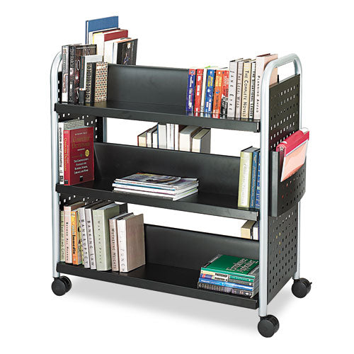 Scoot Double-sided Book Cart, Metal, 6 Shelves, 1 Bin, 41.25" X 17.75" X 41.25", Black