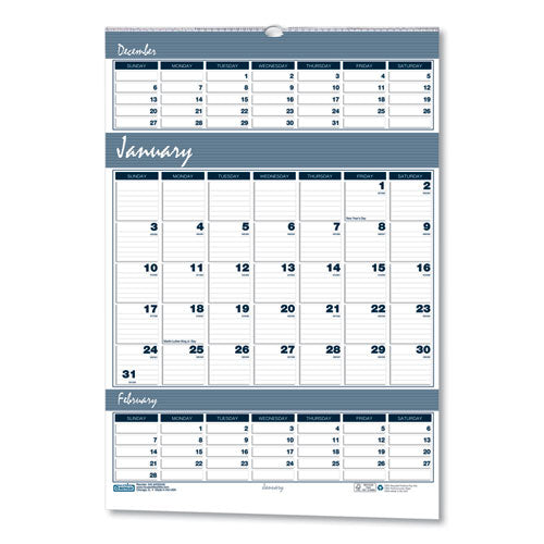 Bar Harbor Recycled Wirebound 3-months-per-page Wall Calendar, 15.5 X 22, White/blue/gray Sheets, 14-month(dec-jan):2022-2024